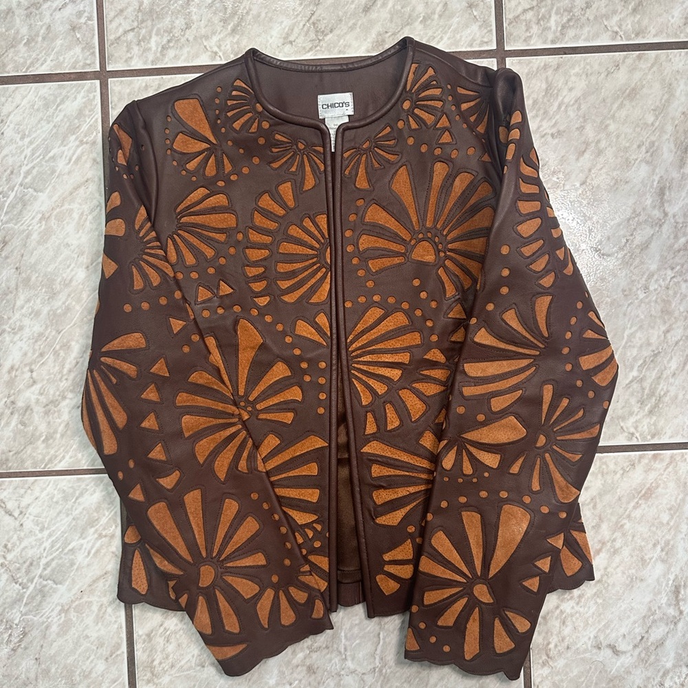 Chico's Jacket Brown Leather Floral Suede Design Open Front Lined Size 0
